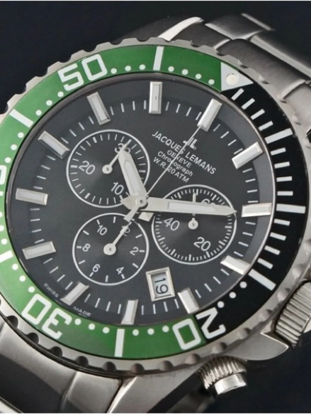 Jacques Lemans Stainless Steel Chrono Watch w/ Green Bezel and Black Dial